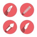 Feather retro pen signs. Brush and pencil icons