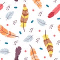 Feather seamless pattern. Color feathers print, pastel rustic decorative ornament. Bohemian tribal background. Cute boho Royalty Free Stock Photo