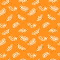 Feather seamless pattern on orange background. Vintage card for fabric design. Peacock feather