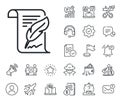 Feather signature line icon. Copywriting sign. Salaryman, gender equality and alert bell. Vector