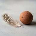 Feather and a textured spherical clay ball are positioned on a Royalty Free Stock Photo
