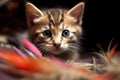 feather toy teasing kitten from above, eyes focused