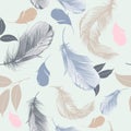 Feather vector pattern with hand drawn feahters and leves for de Royalty Free Stock Photo