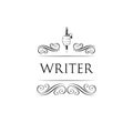 Feather. Vintage pen. Writer logo. Swirls, felegree border. Decoration. Vector. Royalty Free Stock Photo