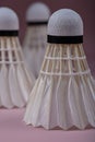 Feather white shuttlecocks for playing badminton close up on a beige background, photo stylized as an oil painting