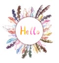 Feather wreath frame with Hello word. Watercolor