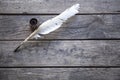 Feather for writing and inkwell .Quill for writing. The feather lies on an old wooden table with inkwell . Beautiful background