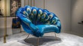 A feathered chair, with blue legs and golden decorations, in the style of vincent callebaut, AI generated