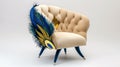 A feathered chair - 2, with blue legs and golden decorations, in the style of vincent callebaut, AI generated