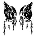 Feathered dream catcher with moon crescent and howling wolf black and white vector design Royalty Free Stock Photo