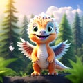 Feathered Friend: An Adorable and Fluffy Baby Dinosaur with Feathers, Wings, and Stripes, Exploring a Bright Sky with Blue Forest Royalty Free Stock Photo