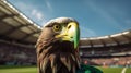 Hyper-realistic Representation Of An Eagle With Green Eyes In A Soccer Stadium