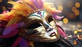 Feathered mask adds elegance to vibrant Mardi Gras generated by AI