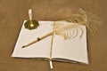 Feathered Pen Lying On Blank Open Journal