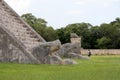 Feathered serpent sculpture at the base of one of the stairways of Kukulcan Temple, Chichen-Itza, Yucatan, Mexico Royalty Free Stock Photo