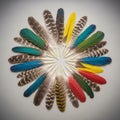 Feathers arranged in a circular pattern, featuring a variety of colors including red, blue Royalty Free Stock Photo