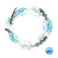 Feathers of blue bird. Wreath border. Watercolor vector for fashion Royalty Free Stock Photo