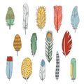 Feathers doodle multicolored icons vector set. Royalty Free Stock Photo