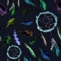 Feathers, dream catcher, black background. Repeating pattern. Watercolor Royalty Free Stock Photo