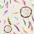 Feathers, dream catcher. Repeating pattern for vintage background. Watercolor Royalty Free Stock Photo