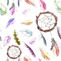 Feathers, dream catcher. Seamless pattern for fashion design. Watercolor Royalty Free Stock Photo