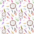 Feathers, dream catcher. Seamless repeating pattern. Watercolor background Royalty Free Stock Photo