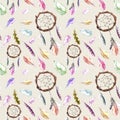 Feathers, dream catcher. Seamless repeating pattern. Watercolor background Royalty Free Stock Photo