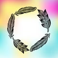 Feathers frame with colorfull print. Vector illustration. Royalty Free Stock Photo