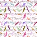 Feathers, hand written text. Watercolor seamless pattern for wallpaper Royalty Free Stock Photo