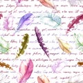 Feathers, hand written words. School concept. Watercolor vintage seamless background