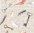 Feathers, keys pattern, paper texture with hand written text notes. Watercolour vintage seamlesss background Royalty Free Stock Photo