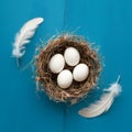 feathers in nest on blue backdrop minimalist Easter scene eggs