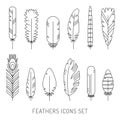 Feathers outline gray icons vector set. Minimalistic design. Royalty Free Stock Photo