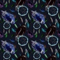 Feathers, owl bird, dreamcatcher, black background. Repeating pattern. Watercolor Royalty Free Stock Photo