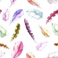 Feathers pattern - hippie, boho style . Watercolor repeated background.
