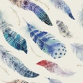 Feathers pattern. Watercolor elegant background. Watercolour col