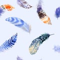 Feathers repeating pattern. Watercolor background with seamless