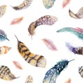 Feathers repeating pattern. Watercolor background with seamless