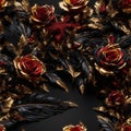 Red Black Gold Feathers and Rose Flowers Seamless Pattern Beautiful Floral Art Digital Background Design Royalty Free Stock Photo