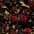 Red Black Gold Feathers and Rose Flowers Seamless Pattern Beautiful Floral Art Digital Background Design Royalty Free Stock Photo