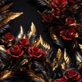 Red Black Gold Feathers and Rose Flowers Seamless Pattern Beautiful Floral Art Digital Background Design Royalty Free Stock Photo