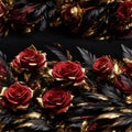 Red Black Gold Feathers and Rose Flowers Seamless Pattern Beautiful Floral Art Digital Background Design Royalty Free Stock Photo