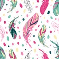 Feathers seamless bright ethnic pattern in boho style. Color spots in neon vintage colors. Tribal theme, 90s, hippie