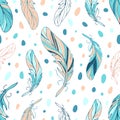 Feathers seamless bright ethnic pattern in boho style. Color spots in pastel colors. Tribal theme, Indians, dream Royalty Free Stock Photo