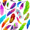 Feathers seamless pattern vector illustration in flat style. Colored different light soaring magic feathers isolated Royalty Free Stock Photo