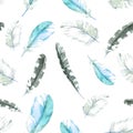 Feathers seamless pattern. Watercolour background