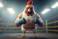 The Featherweight Champion: A muscular rooster in boxing gear ready to fight in the ring