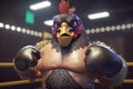 The Featherweight Champion: A muscular rooster in boxing gear ready to fight in the ring