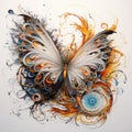 Feathery butterfly with spiraling sphere and colorful corners