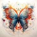 Feathery butterfly with spiraling sphere and colorful corners